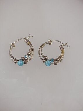 Sterling Silver Hoop Earrings 925 Beaded Cat Eye Blue Dangle Boho Small